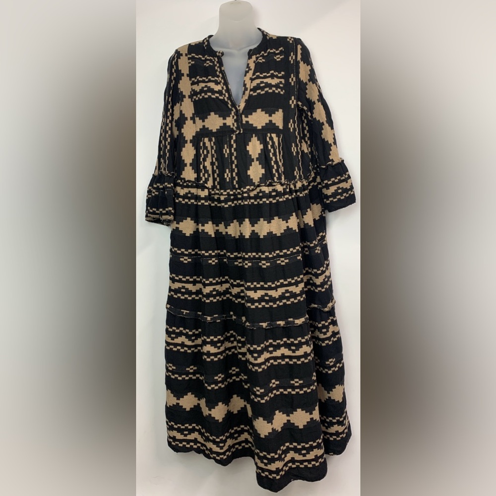 Sofia Made in Italy Bohemian Black and Beige Patterned Maxi Dress Size M/L